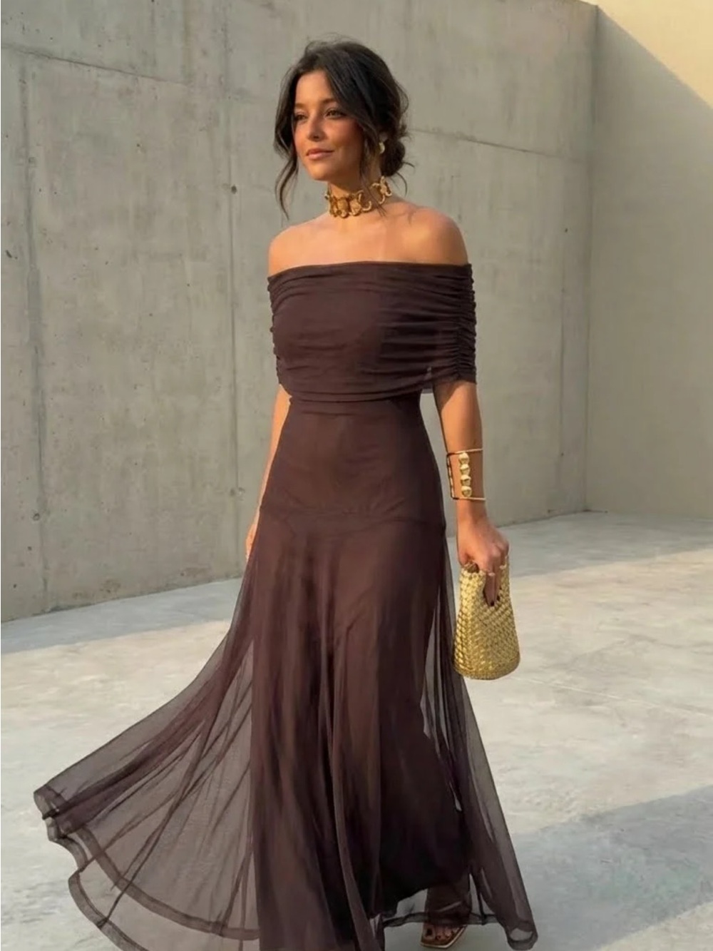 Off-the-Shoulder Brown/Merlot Maxi Dress size small